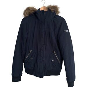 Vintage Y2K Navy Cotton Abercrombie Fitch jacket w pink lining & Faux Fur Hood L